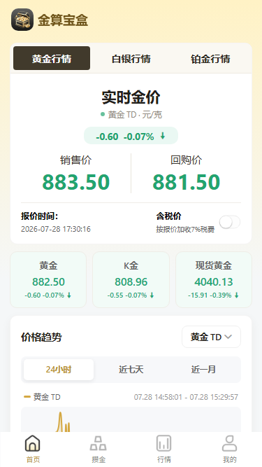 金算宝盒 App 首页，展示实时金价、销售价、回购价和价格趋势
